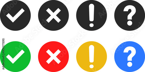 check mark, cross mark, info and question icon set. right and wrong sign concept. tick mark symbol and x cross icon in circle shape
