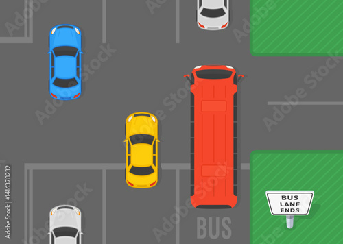 Safe driving tips and traffic regulation rules. Top view of a traffic flow at intersection. "Bus lane ends" road sign. Flat vector illustration template.
