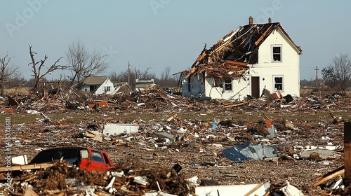 Immense Power and Disorder of a Strong Tornado. Destructive Trail, Scattered Debris, and Sheer Force of Winds Across Terrain.