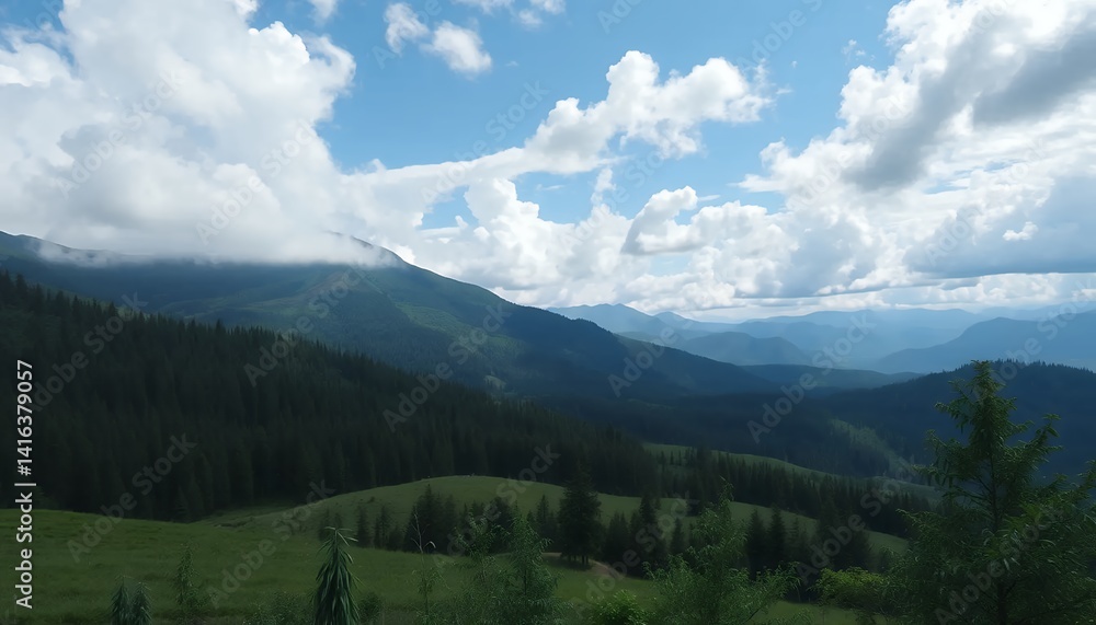 Carpathian Mountains Vista: Rolling Hills and Cloud-Veiled Peaks under a Summer Sky Carpathian Mountains Vista: Rolling Hills and Cloud-Veiled Peaks under a Summer Sky