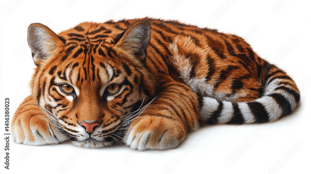 Obraz premium Relaxing tiger with striped tail close up portrait on white background exhibiting detail texture of fur and sleepy expression with expressive eyes animal themes
