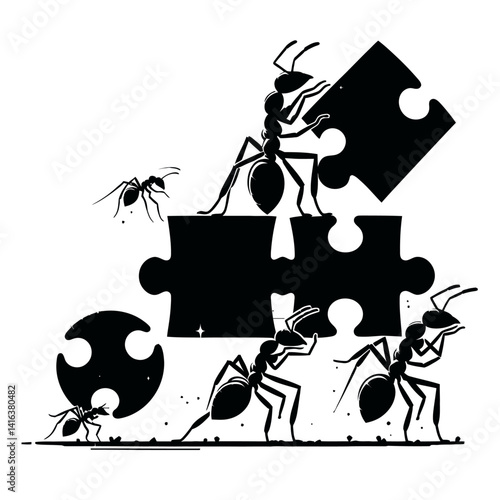 Ants carrying puzzle pieces silhouette black color white background vector