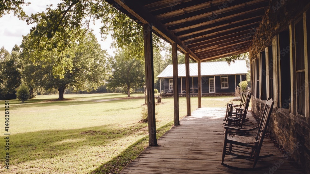 Rustic Porch Overlooking Green Lawn