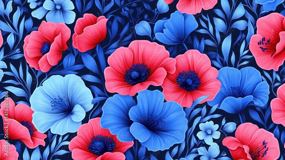 Vibrant floral pattern with red and blue poppies and leaves. Intricate details of blossoms and foliage Vibrant floral pattern with red and blue poppies and leaves. Intricate details of blossoms and foliage