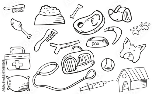 Hand Drawn Pet Care Items Collection Illustration Depicting a Variety of Essential Supplies for Dog and Cat