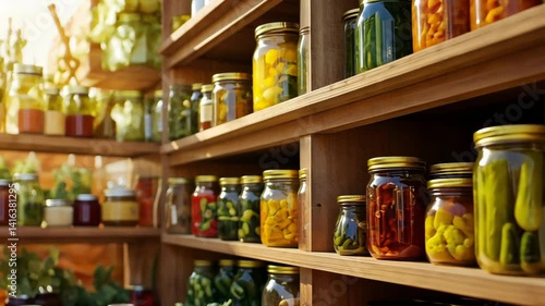 Glass jars with pickled and canned vegetables organized on rustic wooden shelves in a cozy pantry, representing homesteading and food storage