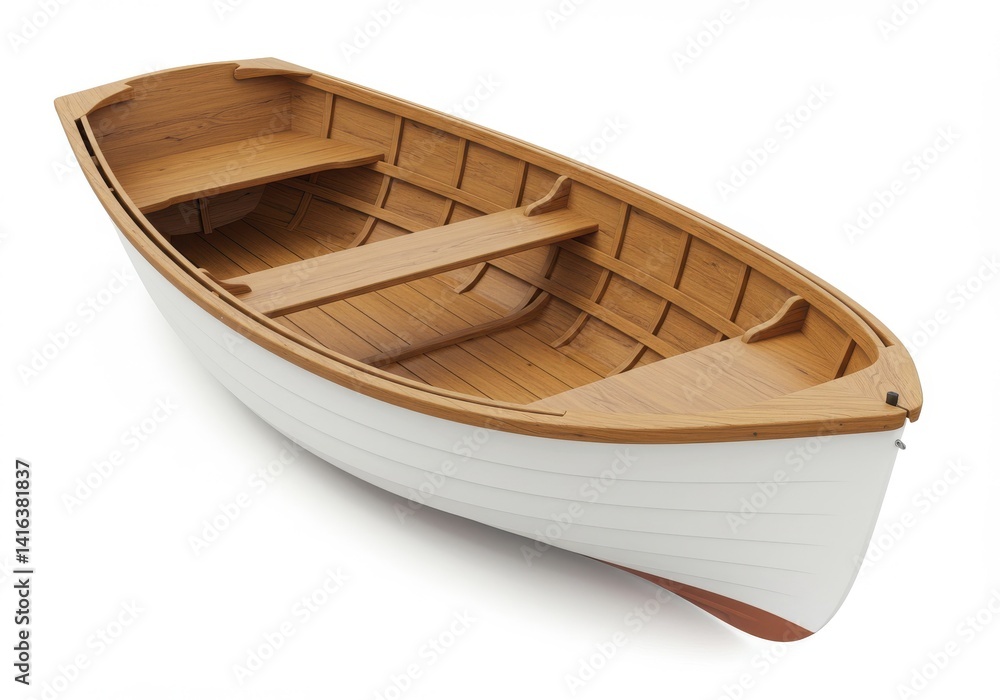 A high angle shot of a small wooden rowboat with white sides on a white background in a studio setting A high angle shot of a small wooden rowboat with white sides on a white background in a studio setting