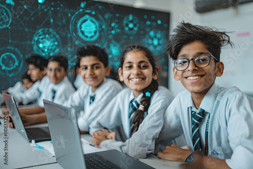 Smiling Indian teenagers using laptops in modern tech classroom. Digital education, future learning.