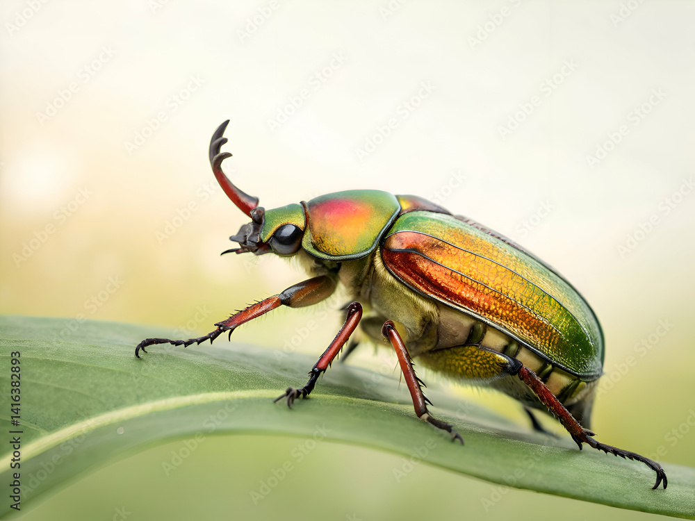 Naklejka premium Colorful Beetle Resting on a Green Leaf Macro Photography