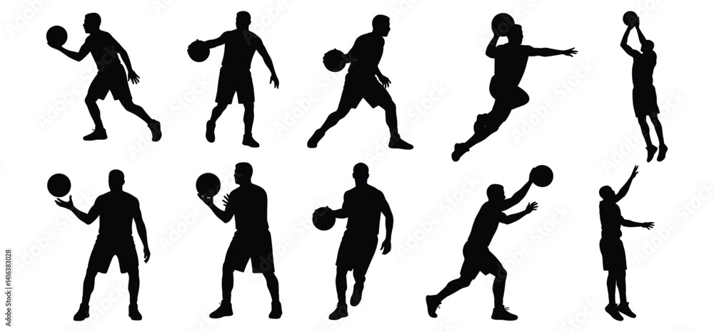 A Basketball player set silhouettes with a white background A Basketball player set silhouettes with a white background