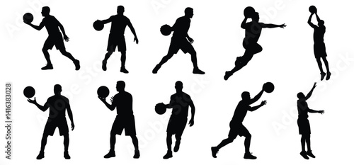  A Basketball player set silhouettes with a white background 