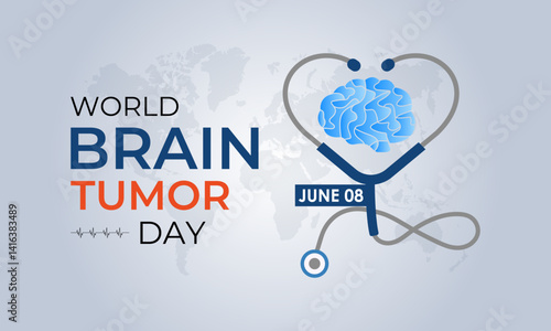 World Brain Tumor Day is observed annually on June 8. Educate the public  Learn About The Risk Factors  Brain Tumor and neurological disorders. Head with brain and Realistic ribbon. Vector of banner.