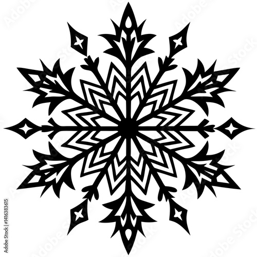 Vector silhouette of a snowflake with symmetrical branches extending outward in a clean