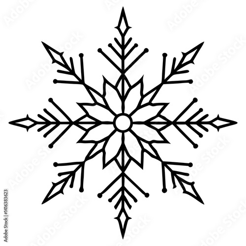 Vector silhouette of a snowflake with symmetrical branches extending outward in a clean