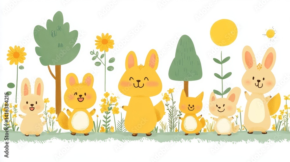 Naklejka premium Whimsical woodland scene featuring charming bunny families amidst pixelated trees flowers sun creating a cute vector illustration wallpaper design