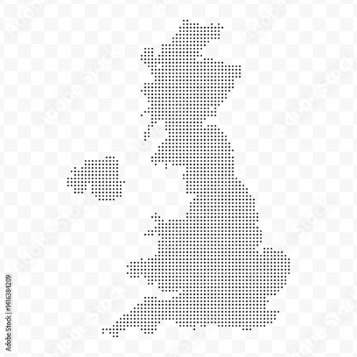 Vector Illustration of Dotted Map of United Kingdom in black on Transparent Background (PNG). Dotted black map template for website pattern, annual report, infographics.