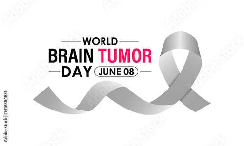 World Brain Tumor Day is observed annually on June 8. Educate the public  Learn About The Risk Factors  Brain Tumor and neurological disorders. Head with brain and Realistic ribbon. Vector of banner.