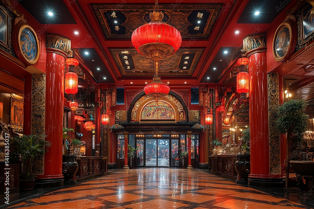 Obraz premium A beautiful red and gold decorated asian style hallway entrance