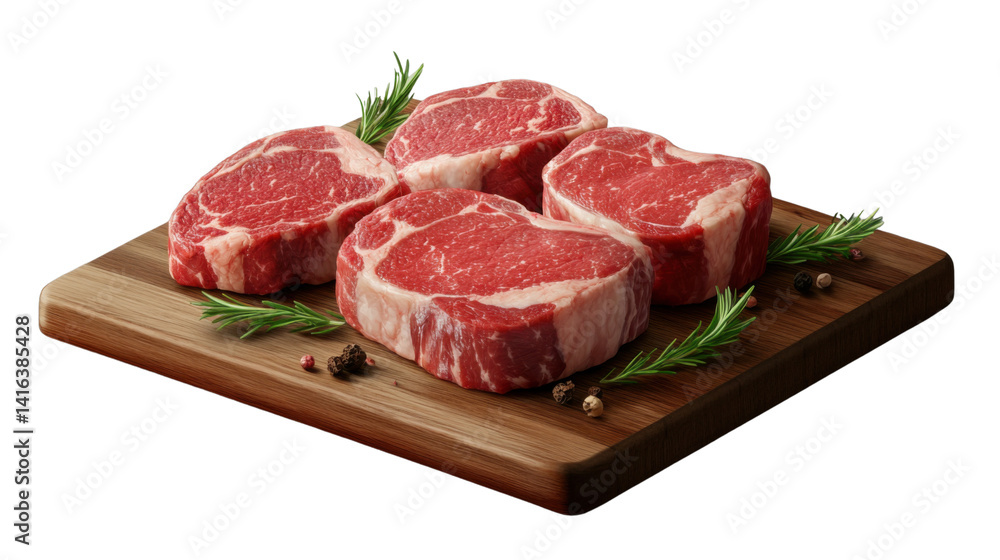 Fresh Cuts on Display: A close-up shot reveals raw, juicy steaks artfully arranged on a wooden cutting board, complemented by fresh herbs and peppercorns. Fresh Cuts on Display: A close-up shot reveals raw, juicy steaks artfully arranged on a wooden cutting board, complemented by fresh herbs and peppercorns.