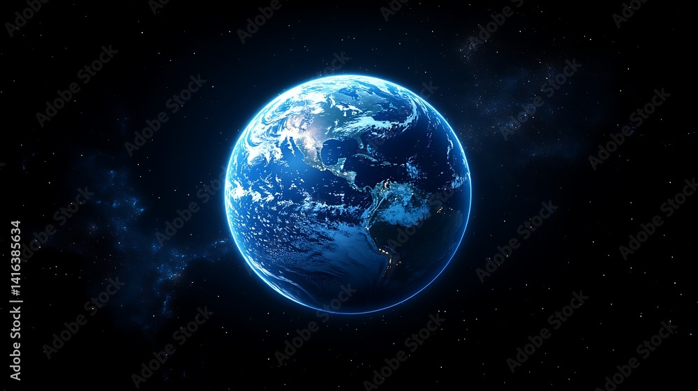 Glowing Earth from Space at Night, A glowing view of Earth from space, highlighting city lights and continents Glowing Earth from Space at Night, A glowing view of Earth from space, highlighting city lights and continents