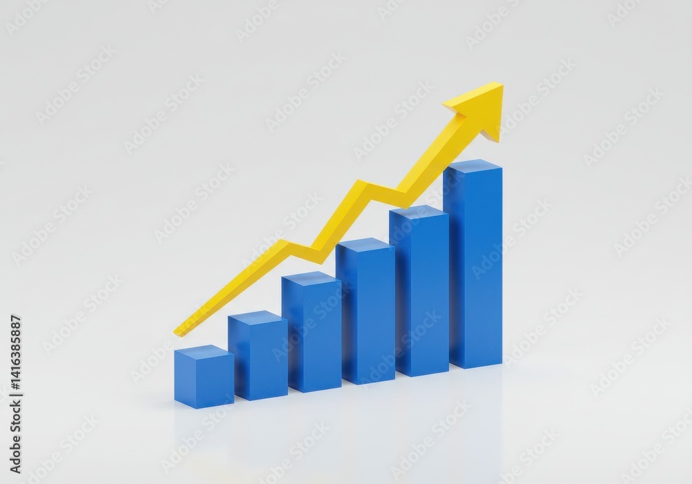 A blue bar graph with a yellow arrow showing positive growth on a white background illustration A blue bar graph with a yellow arrow showing positive growth on a white background illustration