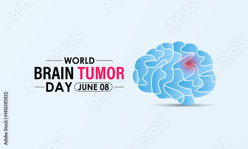 World Brain Tumor Day is observed annually on June 8. Educate the public  Learn About The Risk Factors  Brain Tumor and neurological disorders. Head with brain and Realistic ribbon. Vector of banner.