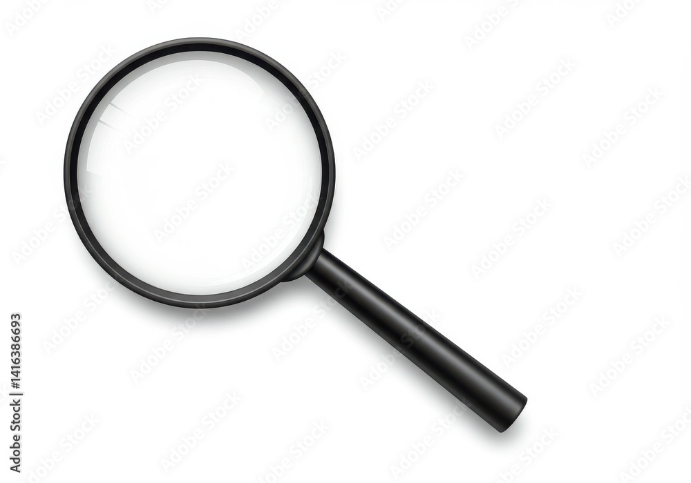 A black handled magnifying glass is positioned diagonally on a white surface casting a faint shadow A black handled magnifying glass is positioned diagonally on a white surface casting a faint shadow