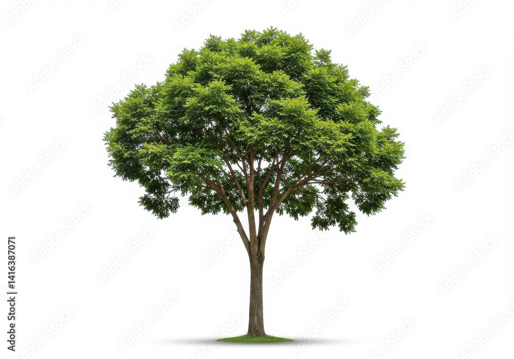 A full green tree with a brown trunk standing isolated against a plain white background in a studio shot A full green tree with a brown trunk standing isolated against a plain white background in a studio shot