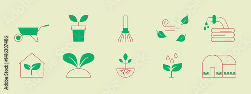Farming and Gardening set icons. Farming and gardening icon. Flat outline icon concept.
