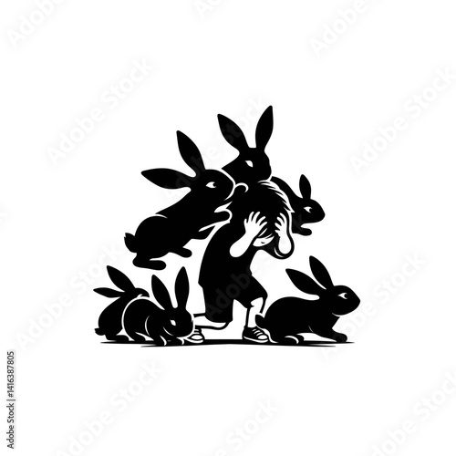 Black silhouette vector of a child playing hide and seek with a group of rabbits on white background 