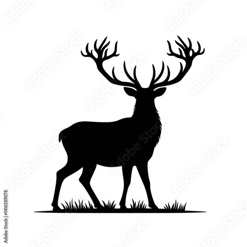 Black silhouette vector of a deer with antlers standing on white background 