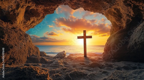 Wooden Cross at Sunrise Over Ocean in a Cave: A Peaceful and Spiritual Setting for Contemplation and Reflection