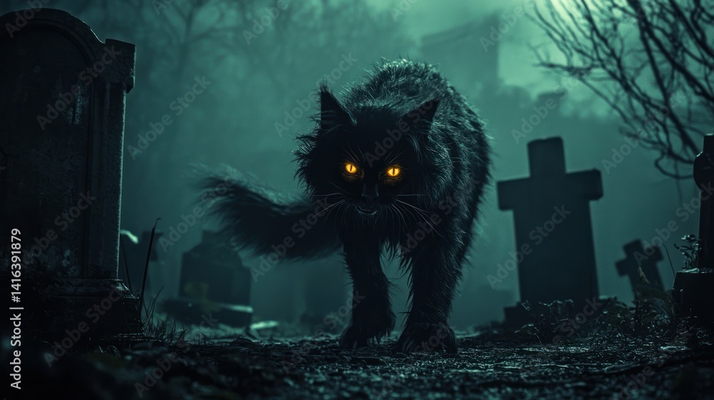 A terrifying creature with glowing eyes and dark fur prowls through an abandoned graveyard. A terrifying creature with glowing eyes and dark fur prowls through an abandoned graveyard.