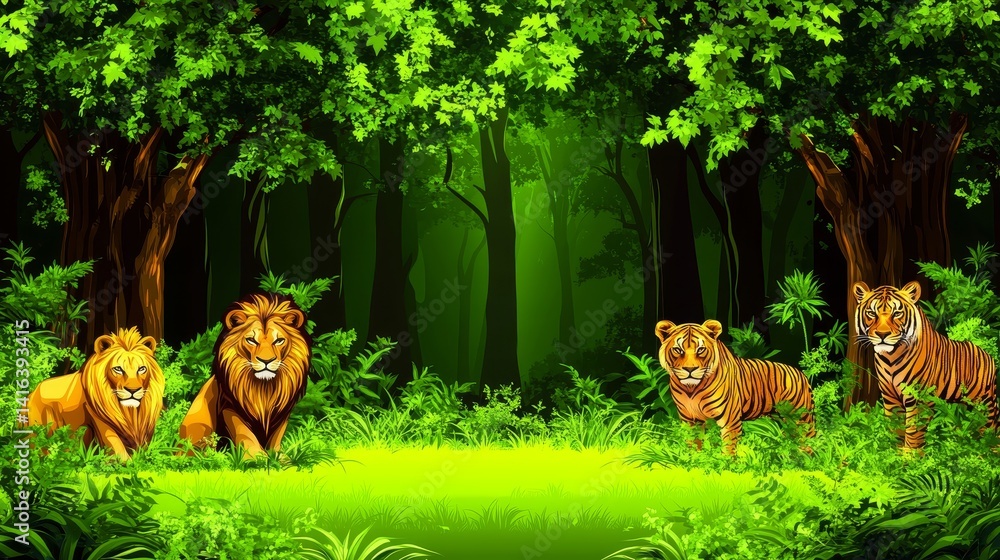 Naklejka premium Enchanting woodland scene featuring majestic lions and sleek cheetahs amidst lush greenery and dappled sunlight artistic exploration of wildlife