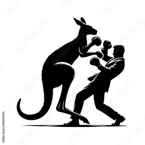 Black silhouette vector of a kangaroo boxing playfully with a man on white background