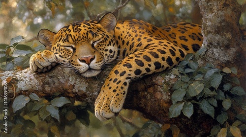 Fototapeta Naklejka Na Ścianę i Meble -  Tranquil slumber of a jaguar resting on a weathered tree branch under a green canopy reflecting its wild and secretive life in the jungle