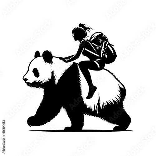 Black silhouette vector of a panda giving a piggyback ride to a person  on a white background