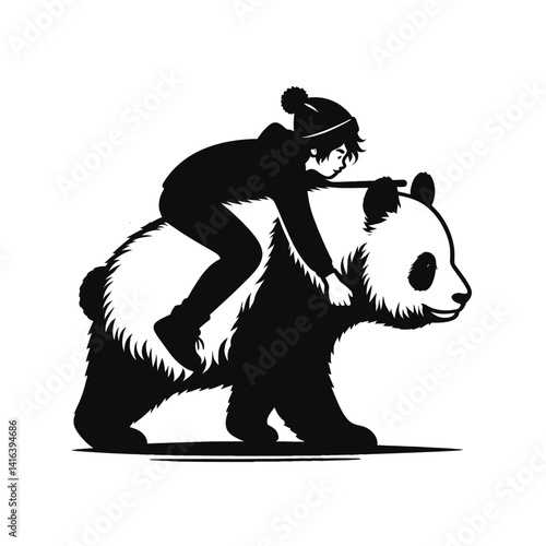 Black silhouette vector of a panda  giving a piggyback ride to a person on white background 