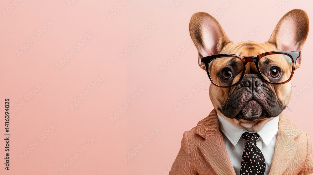 Fototapeta premium French bulldog in trendy jacket, tie, and glasses. background is neutral, creating wide banner with clean space on right for text