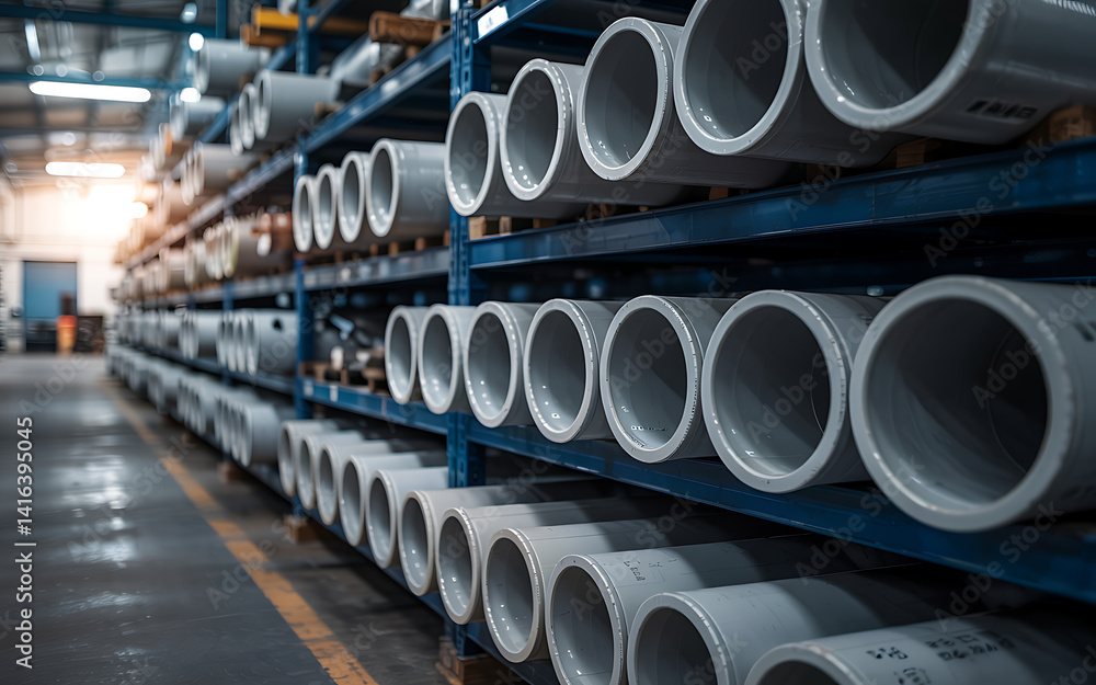 Rows Of Pvc Pipes Storage On Blue Metal Shelves In Warehouse Rows Of Pvc Pipes Storage On Blue Metal Shelves In Warehouse