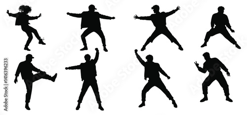  80s dancing people set silhouettes with a white background