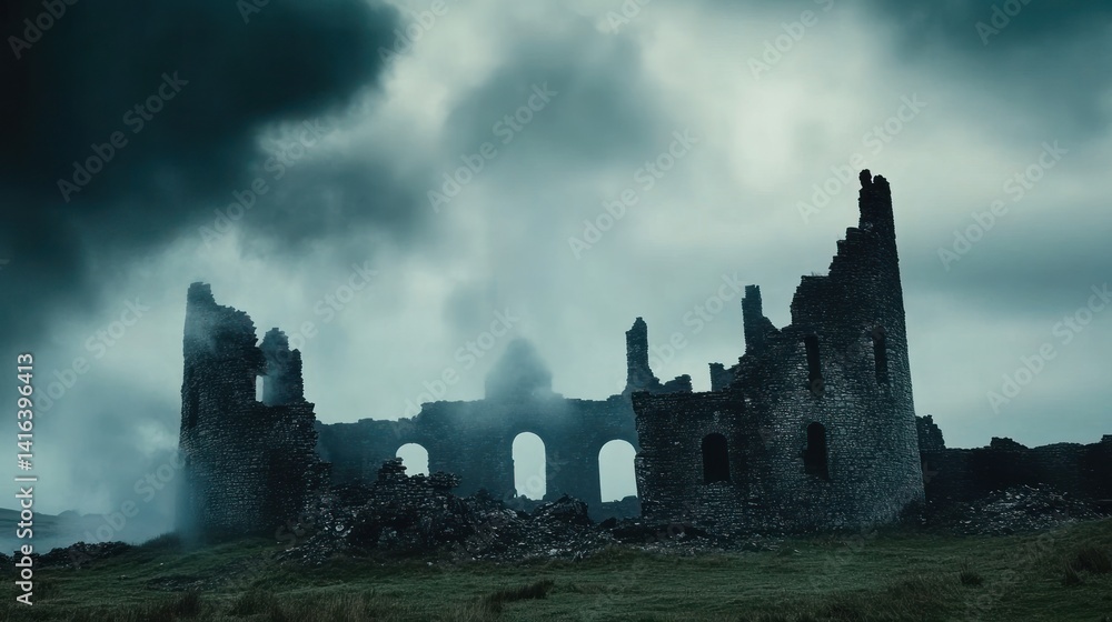 Obraz premium Ruined Castle in Misty Landscape