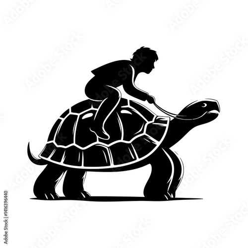 Black silhouette vector of a person riding a turtle like a horse on white background