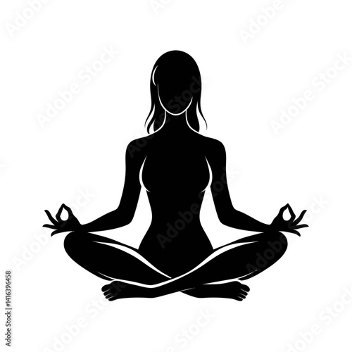 Black silhouette vector of a person meditating in lotus pose on a white background