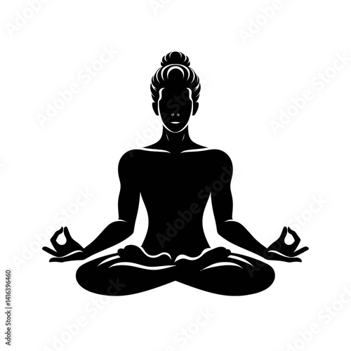 Black silhouette vector of a person meditating in lotus pose on a white background