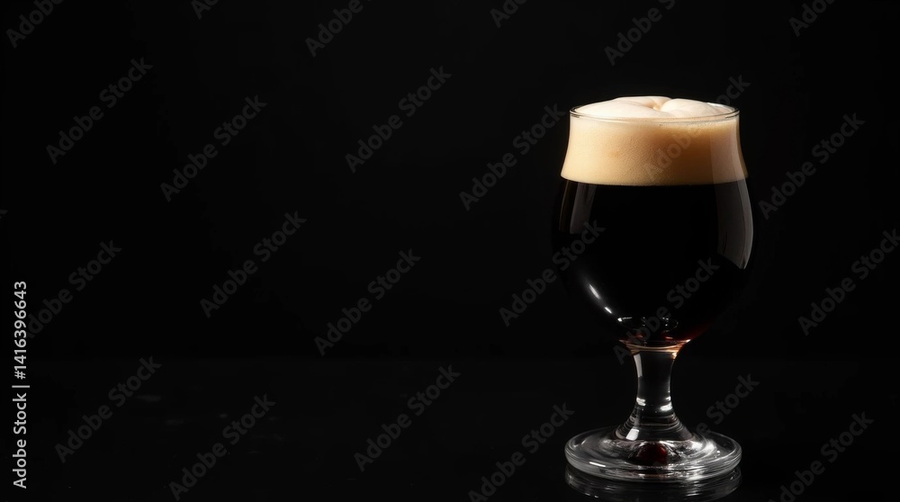 a glass of dark beer with beautiful foam on a black background for advertising a bar, pub or restaurant menu a glass of dark beer with beautiful foam on a black background for advertising a bar, pub or restaurant menu