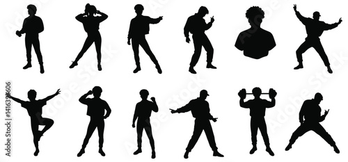  80s dancing people set silhouettes with a white background