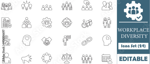 Celebrate workplace diversity with this 24-icon set featuring inclusive designs. Ideal for HR, corporate branding, and DEI presentations. Fully editable vectors.
