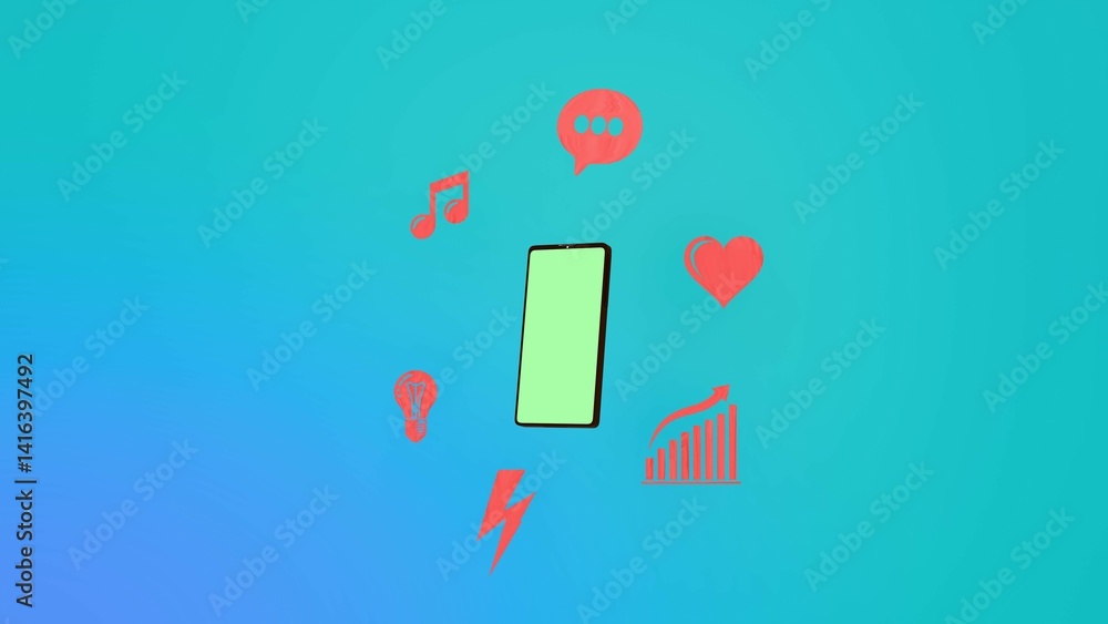 3D smartphone with green screen surrounded by red icons for music chat love idea energy growth on blue abstract background concept of mobile app functions 3D smartphone with green screen surrounded by red icons for music chat love idea energy growth on blue abstract background concept of mobile app functions