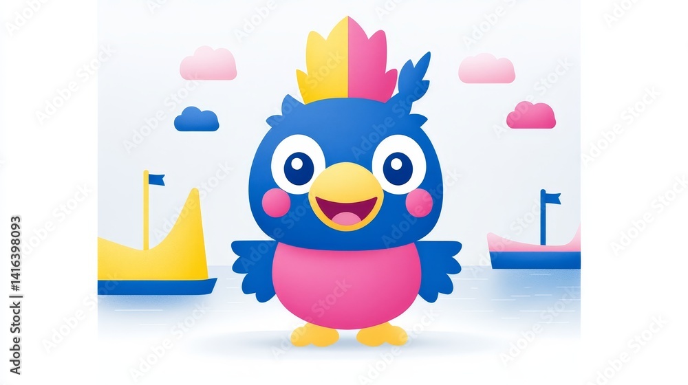 Fototapeta premium Adorable pixelated avian character with a playful crown in a charming nautical scene perfect for whimsical designs and children's illustration projects